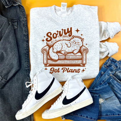 Sorry, Got Plans. Lazy Cat Sweatshirt | Ash | DP1247 - The Dapper Paw