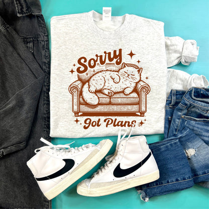 Sorry, Got Plans. Lazy Cat Sweatshirt | Ash | DP1247 - The Dapper Paw