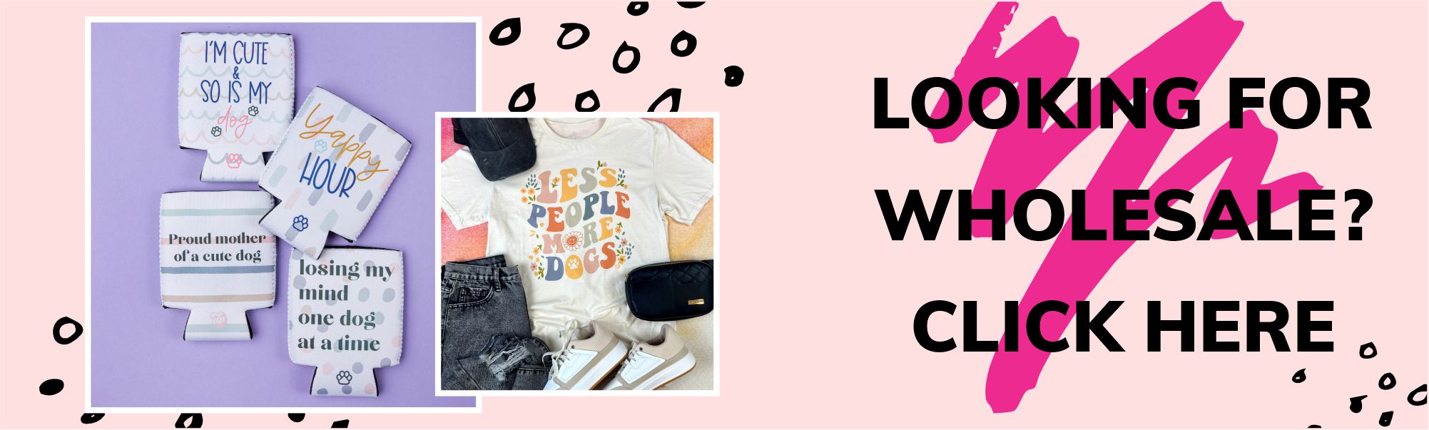 Promotional banner for wholesale with t-shirts and text on a colorful background