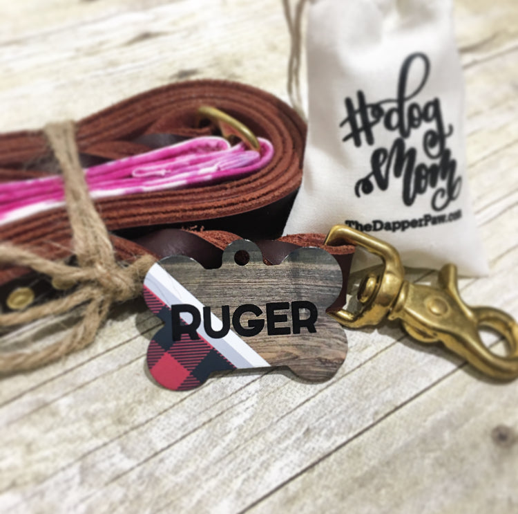 Plaid & Wood Pet ID Tag - The Dapper Paw
