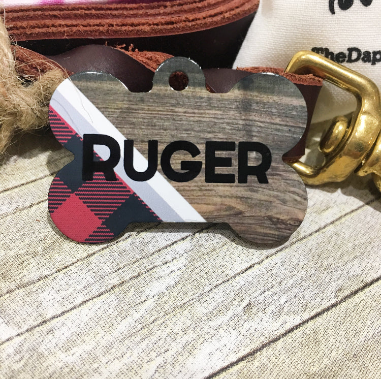 Plaid & Wood Pet ID Tag - The Dapper Paw